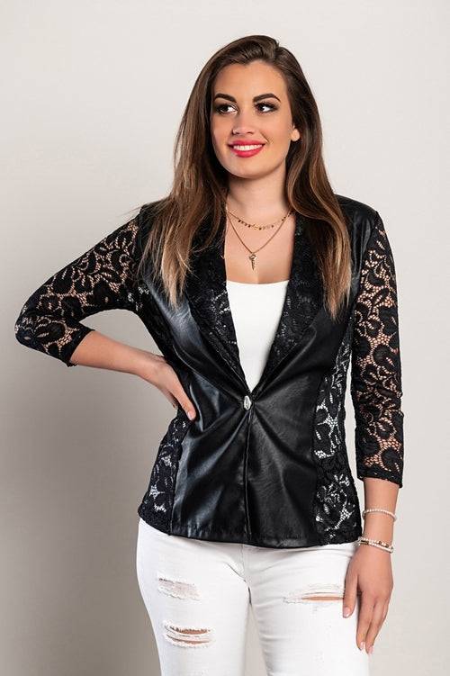 Blazer iz umetnega usnja s čipko Amalfi, črn