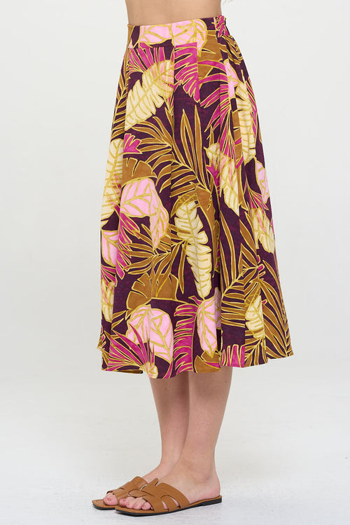 Tropical Leaf Print Midi Skirt with Pockets